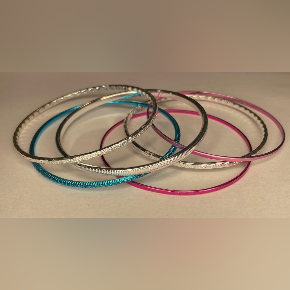 Silver, Pink, and Blue Bangle Set